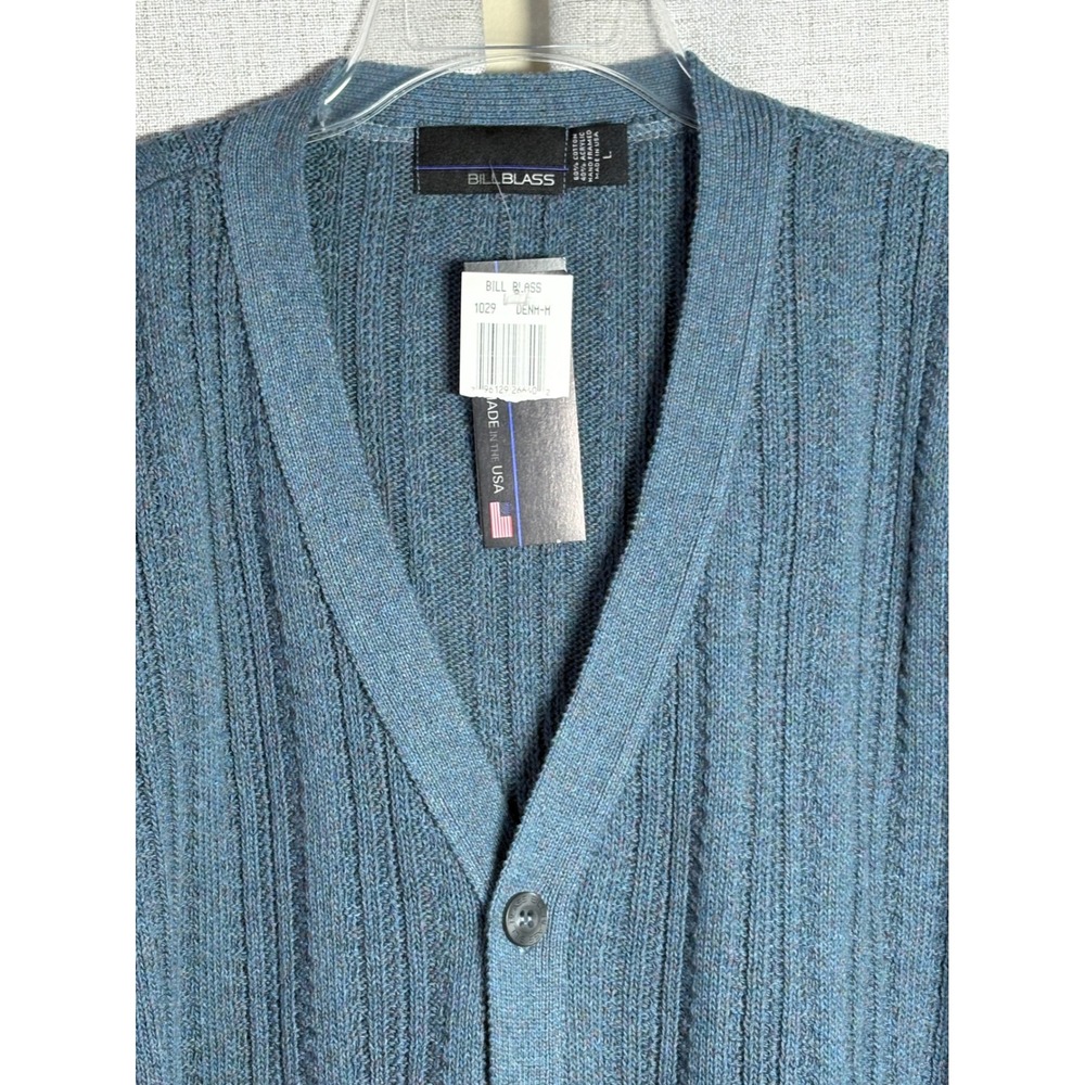 Bill Blass Vintage Mens Cardigan Sweater Blue Denim Knit Made in USA Large NWT